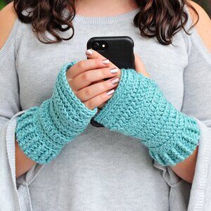 Handmade Light Aqua Fingerless Gloves, Seafoam Wrist Warmers, Made in Canada